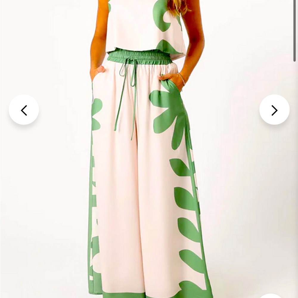 Floral Print Thick Straps Crop Top Wide Leg Pants Matching Set-Green